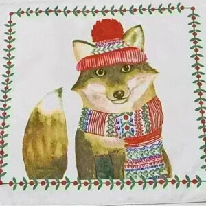 NWOT Hillcrest Winter Set of 4 FOX with Hat and Scarf Placemats 15" Square